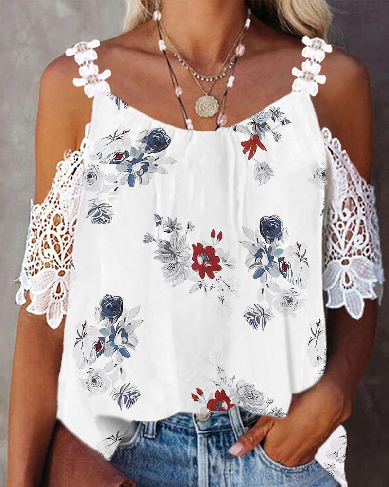 

Floral Print Contrast Lace Cold Shoulder Top, White