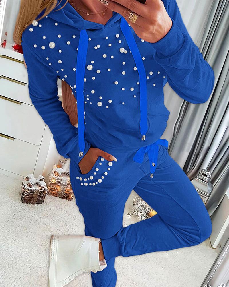 

Beaded Hooded Top & Drawstring Pants Set, Blue