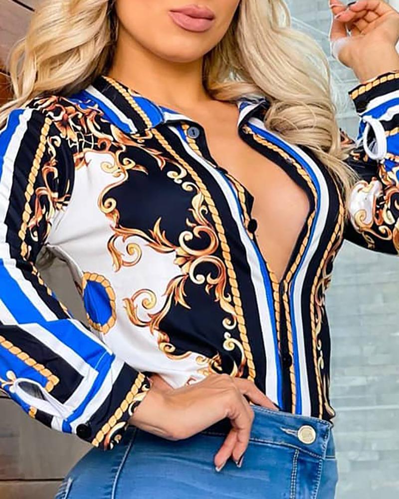 

Scarf Print Long Sleeve Button Design Shirt, Blue