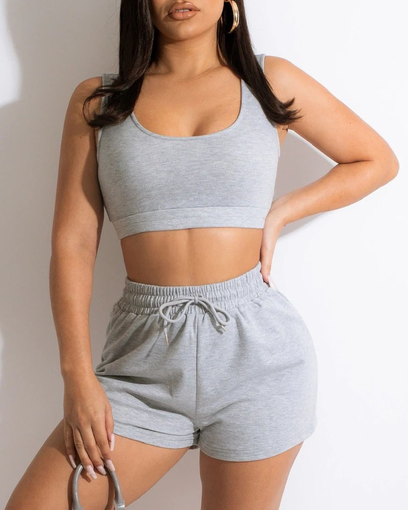 

U-Neck Crop Tank Top & Drawstring Shorts Set, Gray