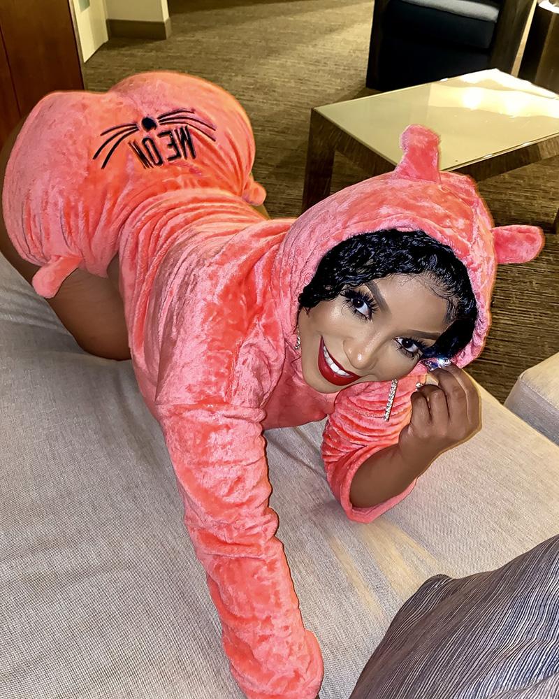 

Cat Embroidery Long Sleeve Hooded Top & Shorts Set, Orange