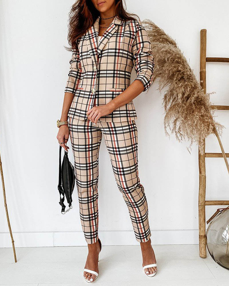 

Plaid Print Double Button Blazer & Pants Set, Khaki