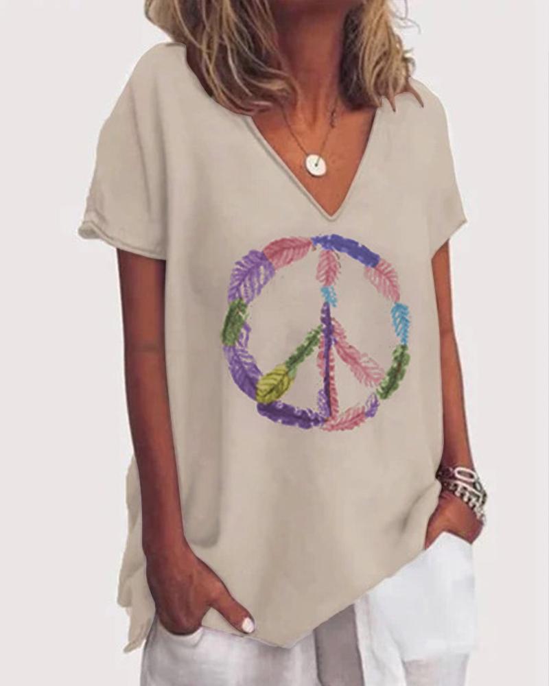

Leaf Print V-Neck Casual T-shirt, Khaki