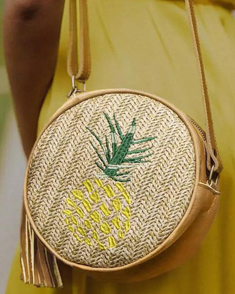 

Pineapple Embroidery Tassel Round Straw Crossbody Bag, Yellow