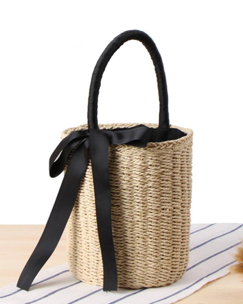 

Tied Detail Top Handle Straw Bag, Beige