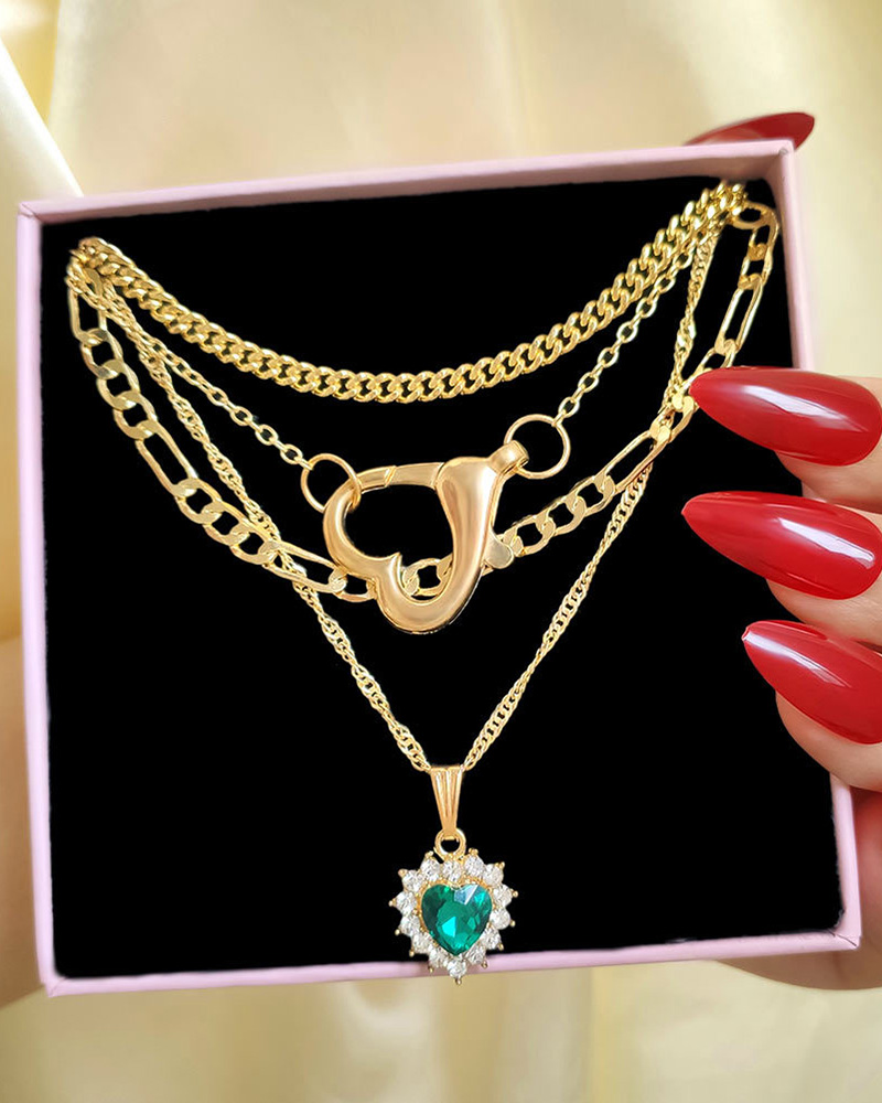 

4pcs Heart Pendant Rhinestone Chain Layered Necklace, Gold