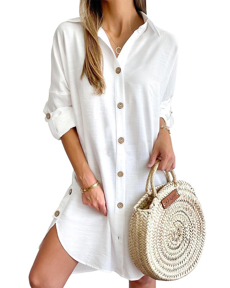 

Vestido camisero con dobladillo asimétrico y manga enrollable con cuello vuelto y botones, White