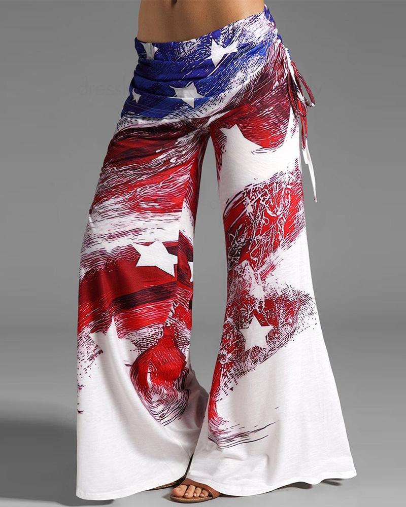 

Independence Day Flag Print Drawstring Bootcut Pants, White