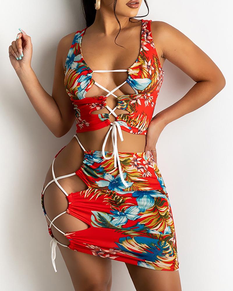

Floral Print Lace-up Sleeveless Crop Top & Skirt Sets, Red