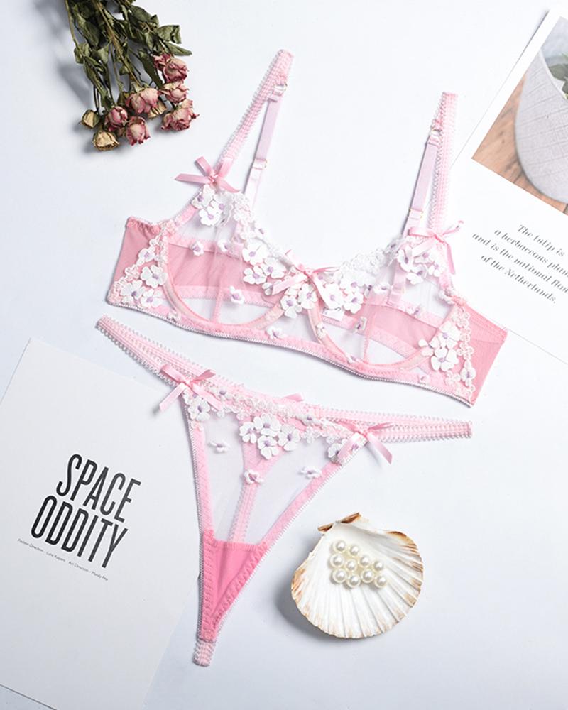 

Sexy See-through Mesh Splicing Floral Embroidery Sling Bra Sets, Pink
