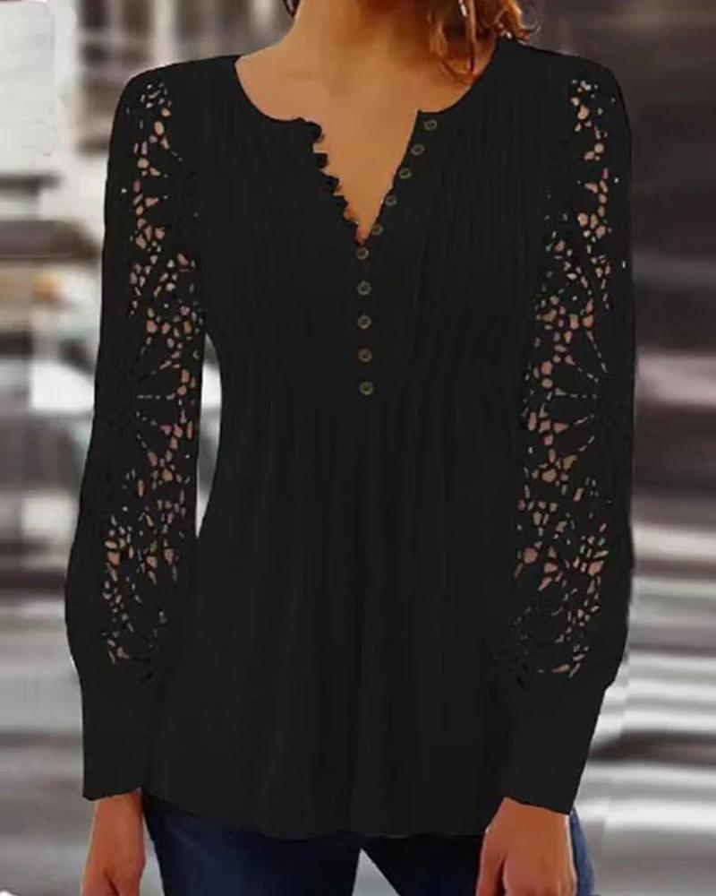 

Contrast Lace Long Sleeve Button Front Top, Black