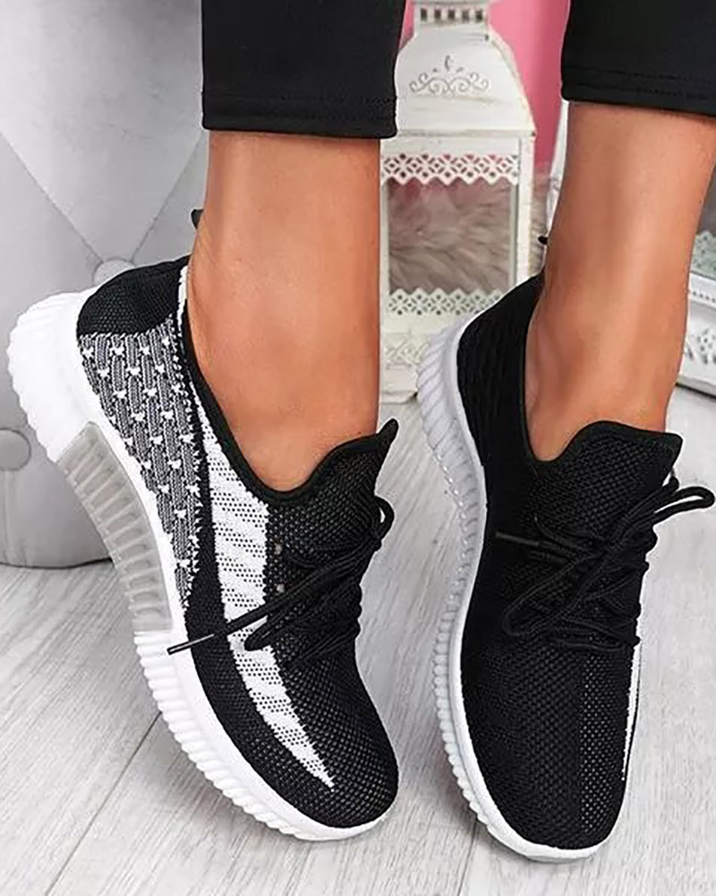 

Breathable Lace-up Contrast Paneled Knit Sneakers, Black