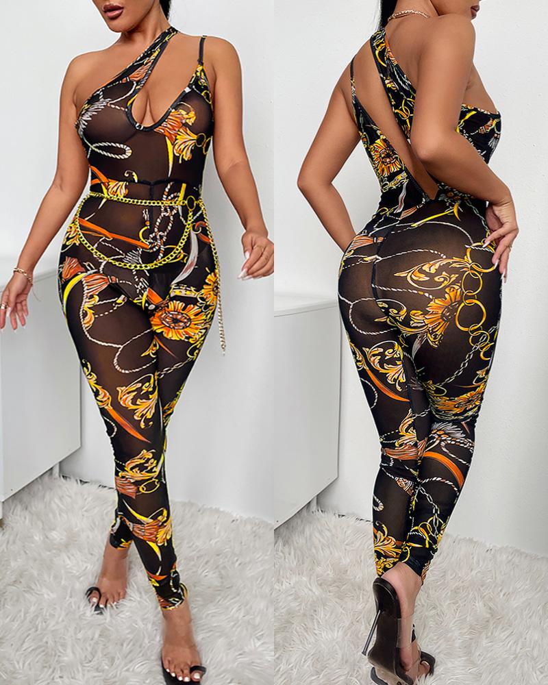 

Scarf Chain Print One Shoulder Cutout Skinny Jumpsuit, Gold