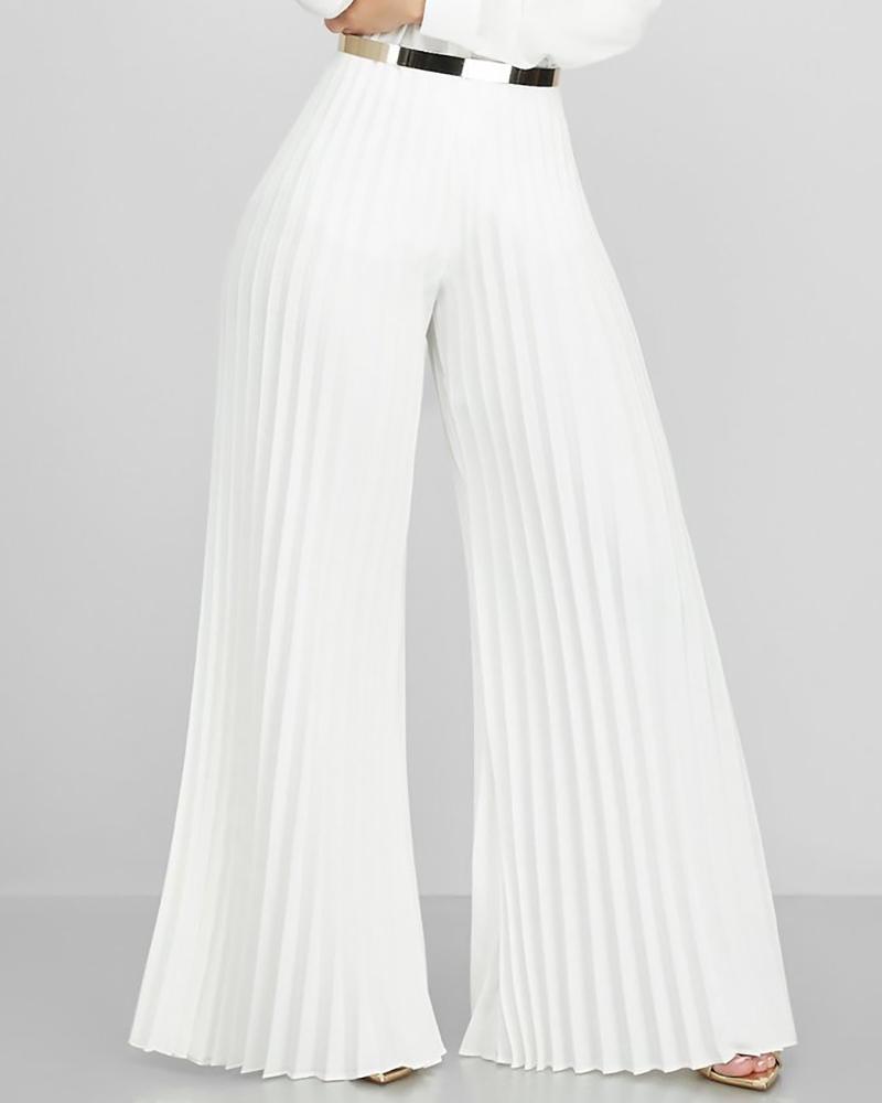 

Solid Pleated Wide Leg Casual Pant, White