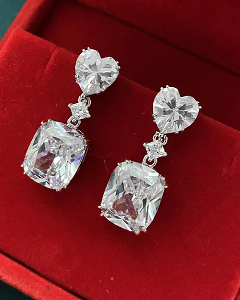 

1Pair Heart Pattern Square Pendant Rhinestone Earrings, White