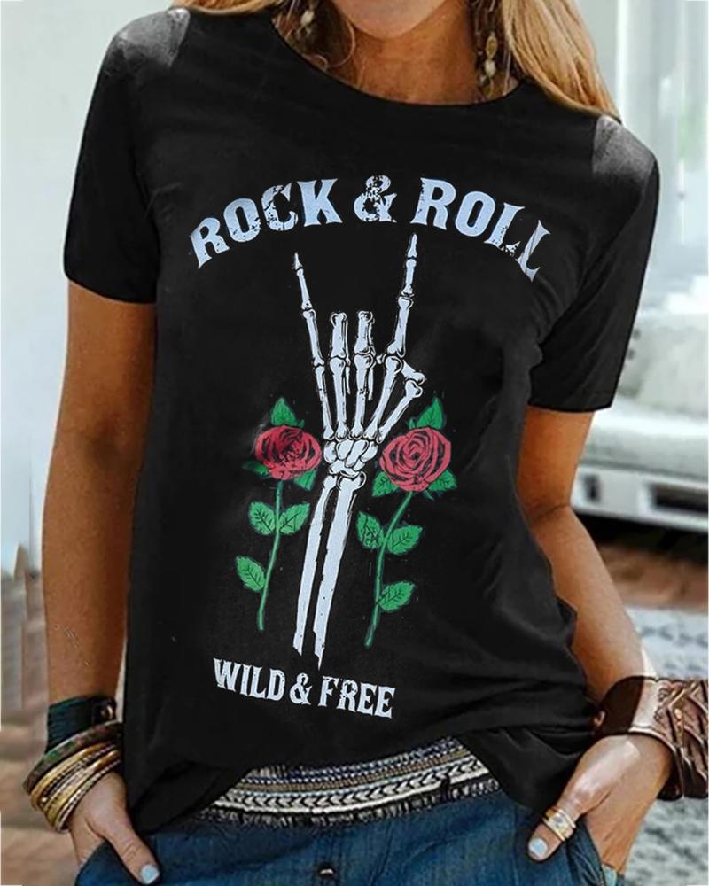 

Letter / Floral / Skeleton Print Casual T-shirt, Black