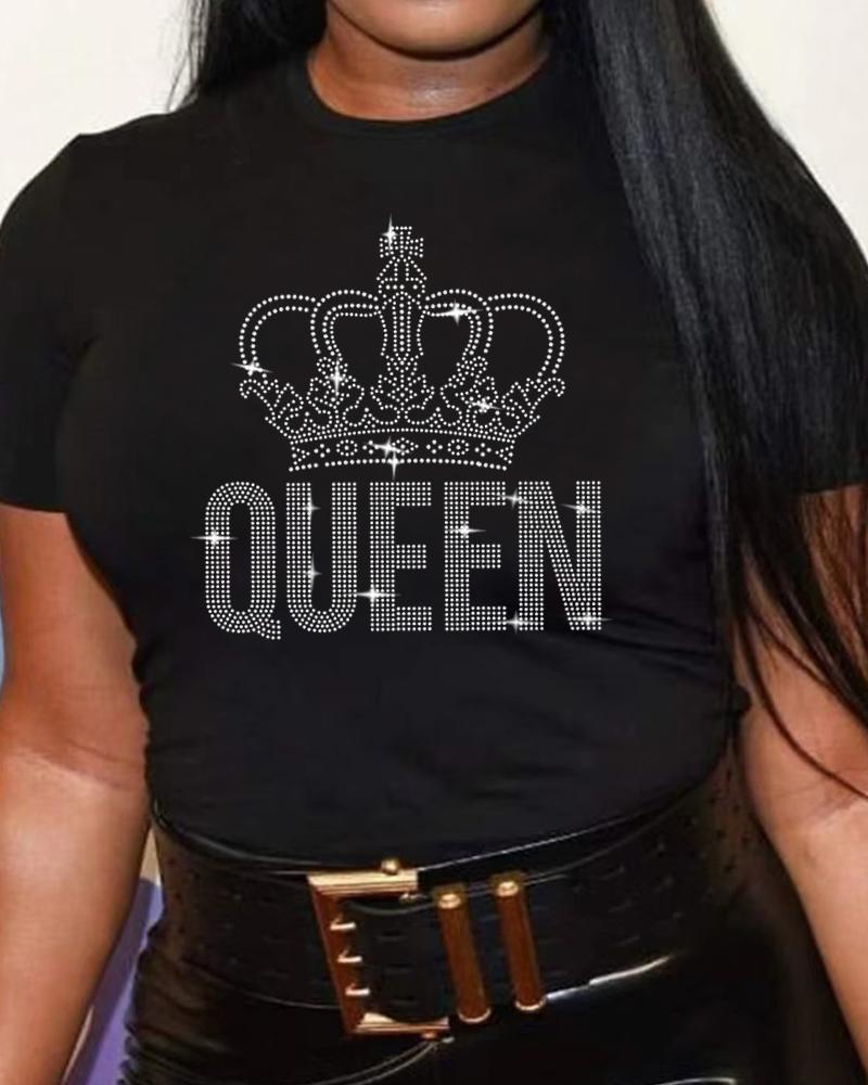 

Plus Size Queen Crown Rhinestone Casual T-shirt, Black