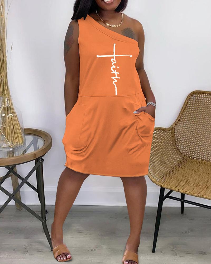 

Letter Print One Shoulder Pocket Design Casual Dress, Orange