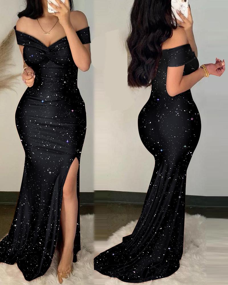 

Twisted Off Shoulder Split Thigh Glitter Mermaid Dress, Black