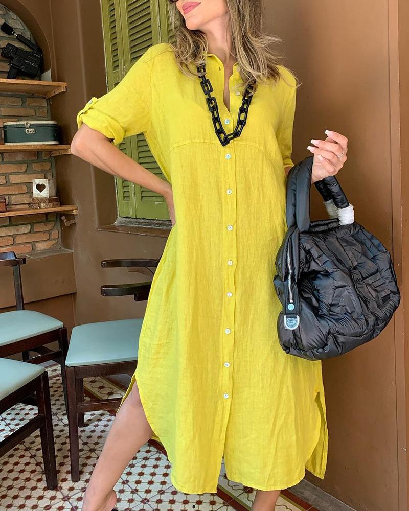 

Button Front Short Sleeve Slit Shirt Dress, Yellow