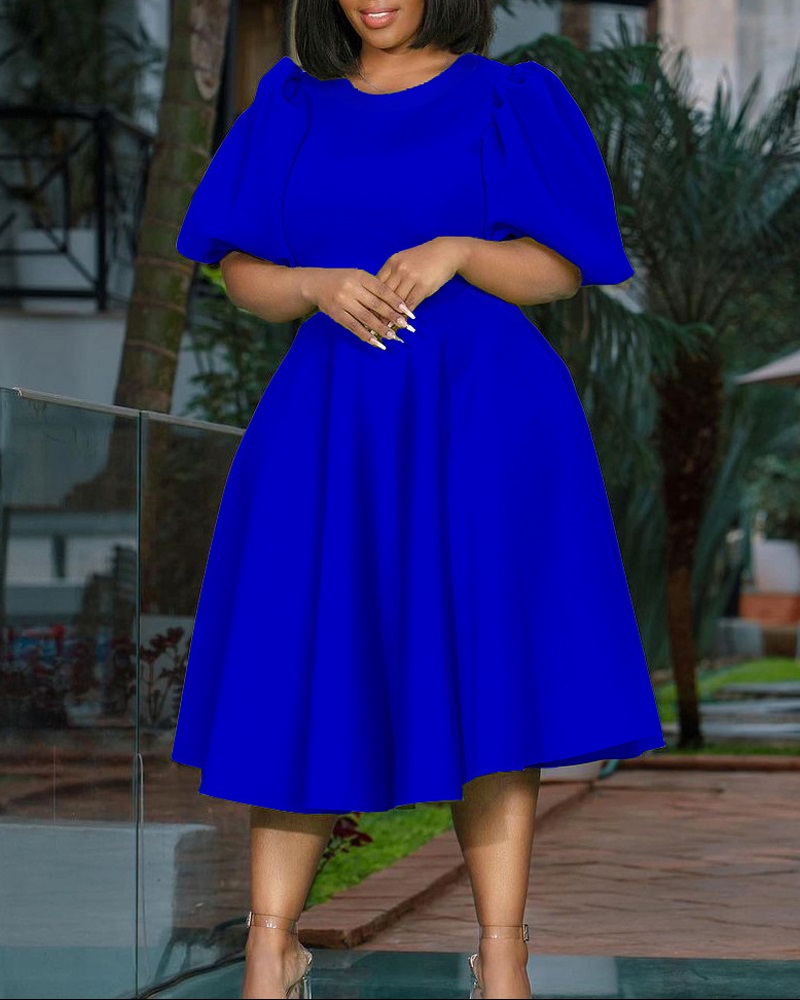 

Puff Sleeve Round Neck Ruched Party Dress, Blue