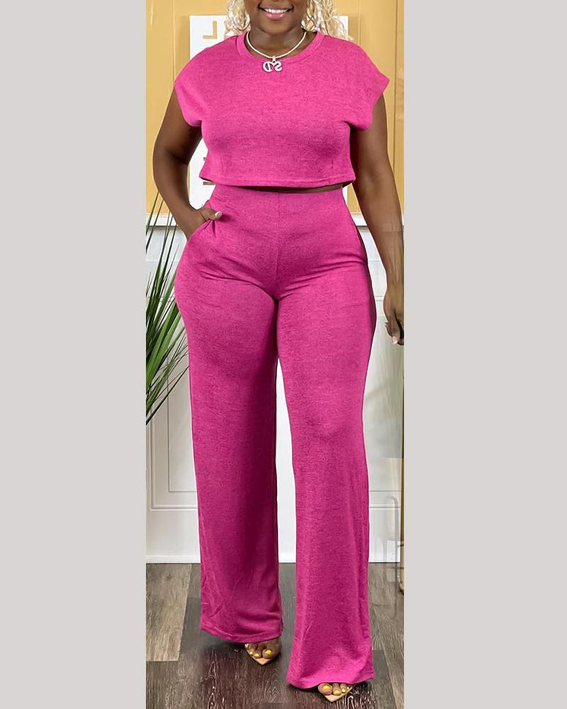 

Plus Size Crop T-Shirt & Pocket Design Pants Set, Hot pink