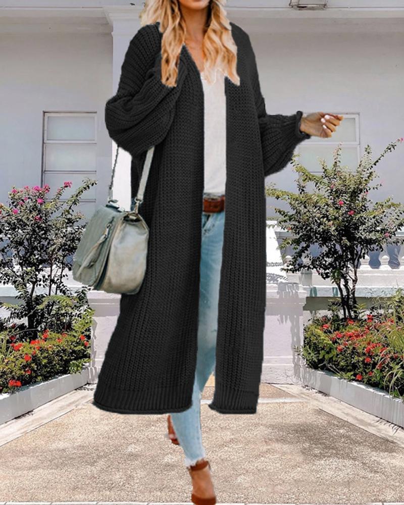 

Lantern Sleeve Open Front Chunky Knit Longline Cardigan, Black