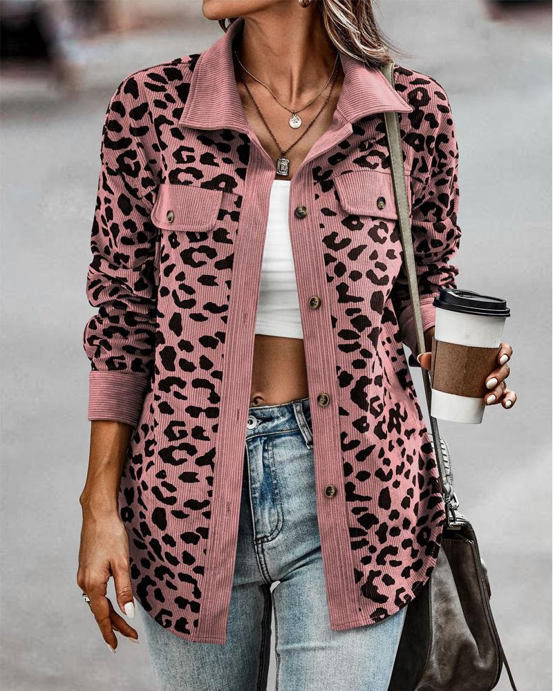 

Leopard Print Long Sleeve Button Down Shacket, Pink