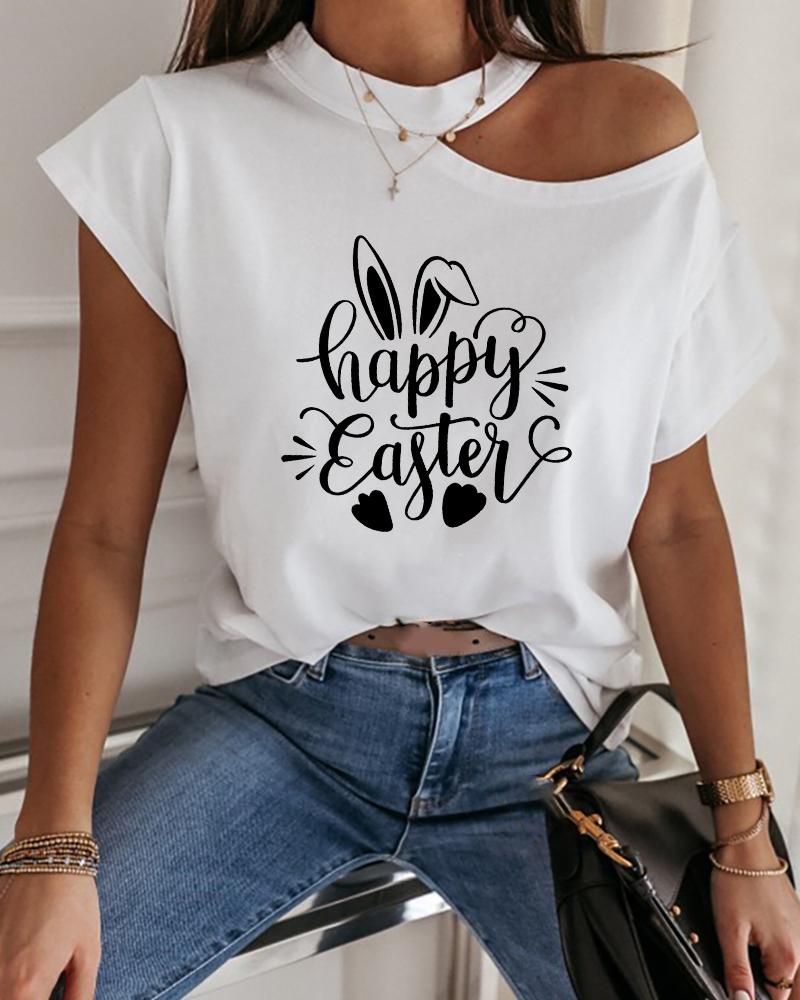 

Happy Easter Bunny Print Cold Shoulder T-shirt, White
