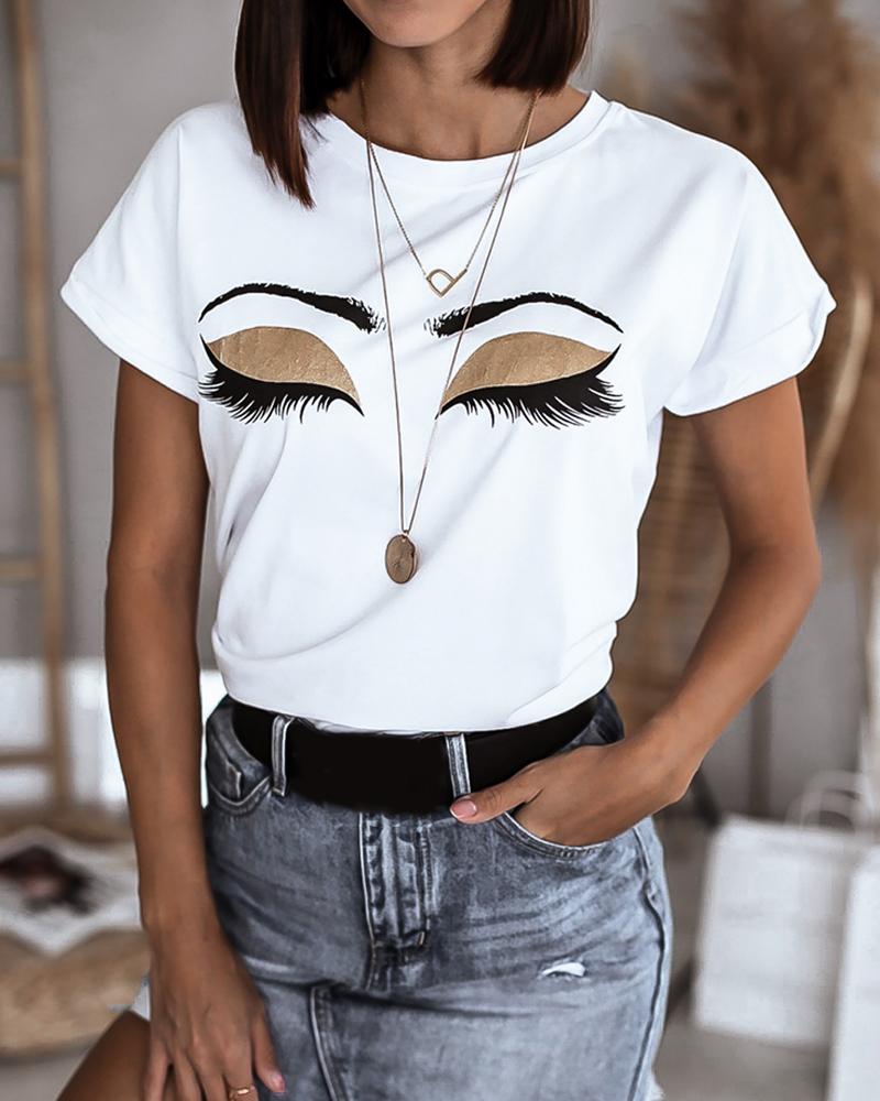 

Figure Print Short Sleeve Casual T-shirt, White
