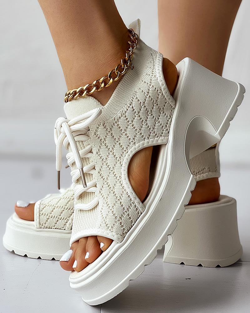 

Lace-up Hollow Out Platform Wedge Sandals, Beige