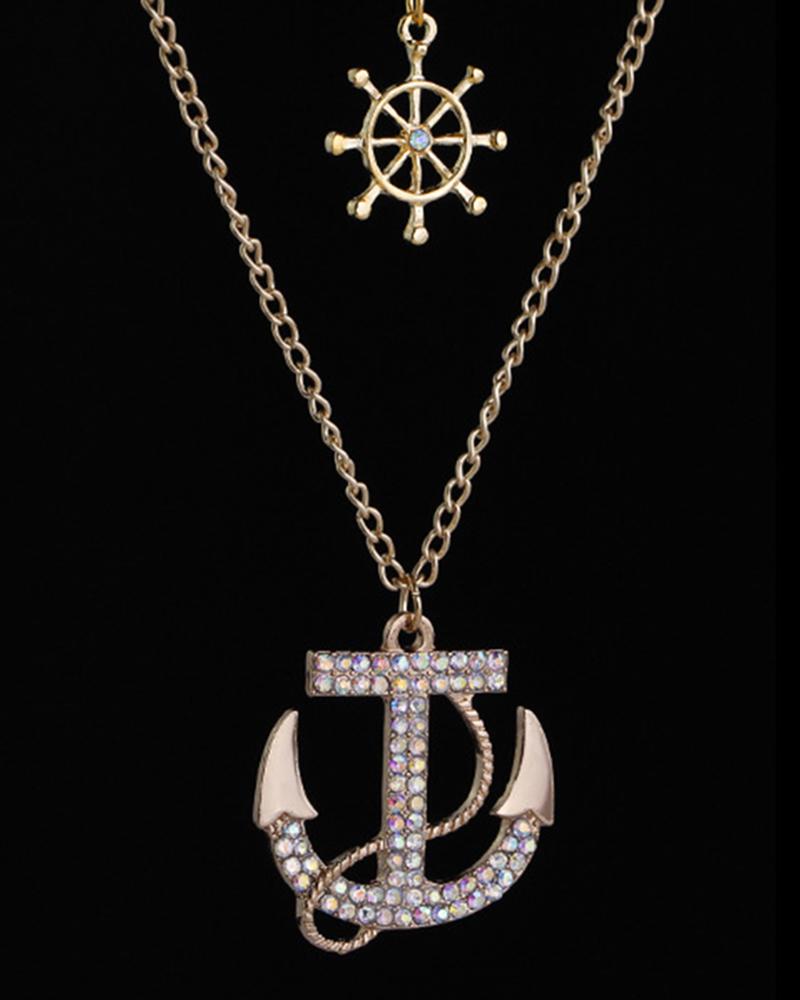 

1pcs Multi-layer Rhinestone Wheel Anchor Pendant Necklace, Multicolor