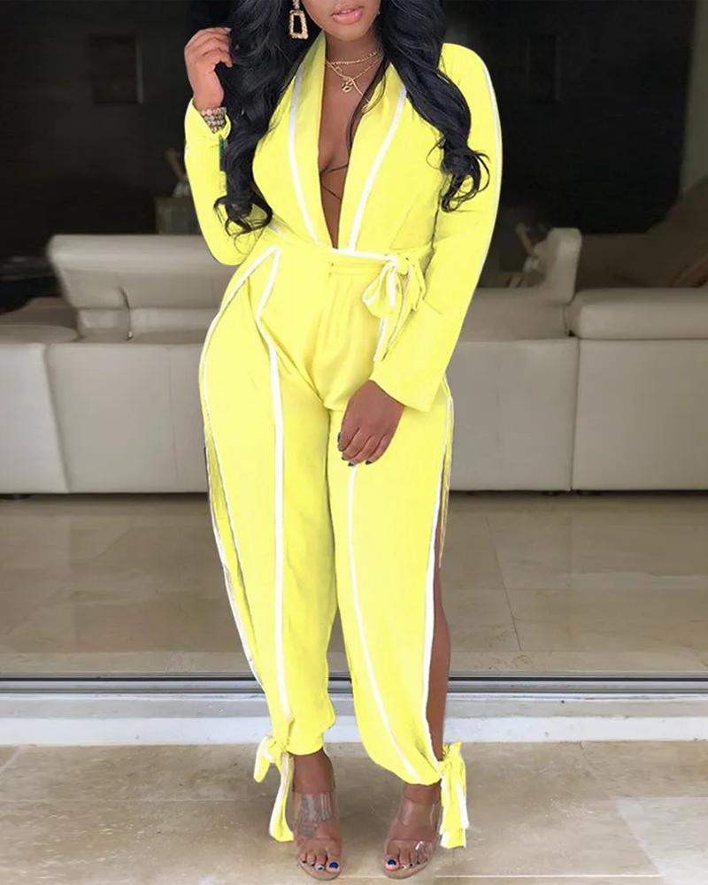 

Contrast Binding Side Slit Knot Hem Belted Jumpsuit, Yellow