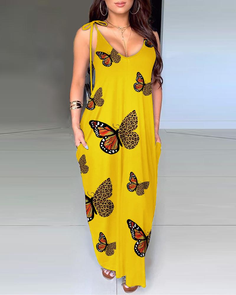 

Pocket Design Butterfly Cheetah Print Maxi Dress, Yellow
