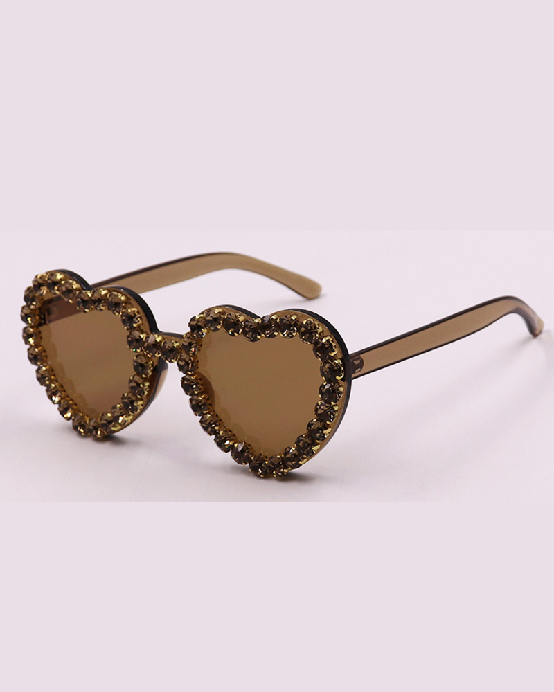 

1Pair Gradient Heart Shaped Rhinestone Trendy Sunglasses, Brown