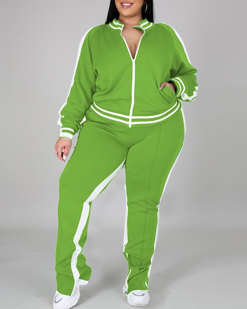 

Plus Size Cold Shoulder Striped Tape Zipper Design Top & Pants Set, Light green