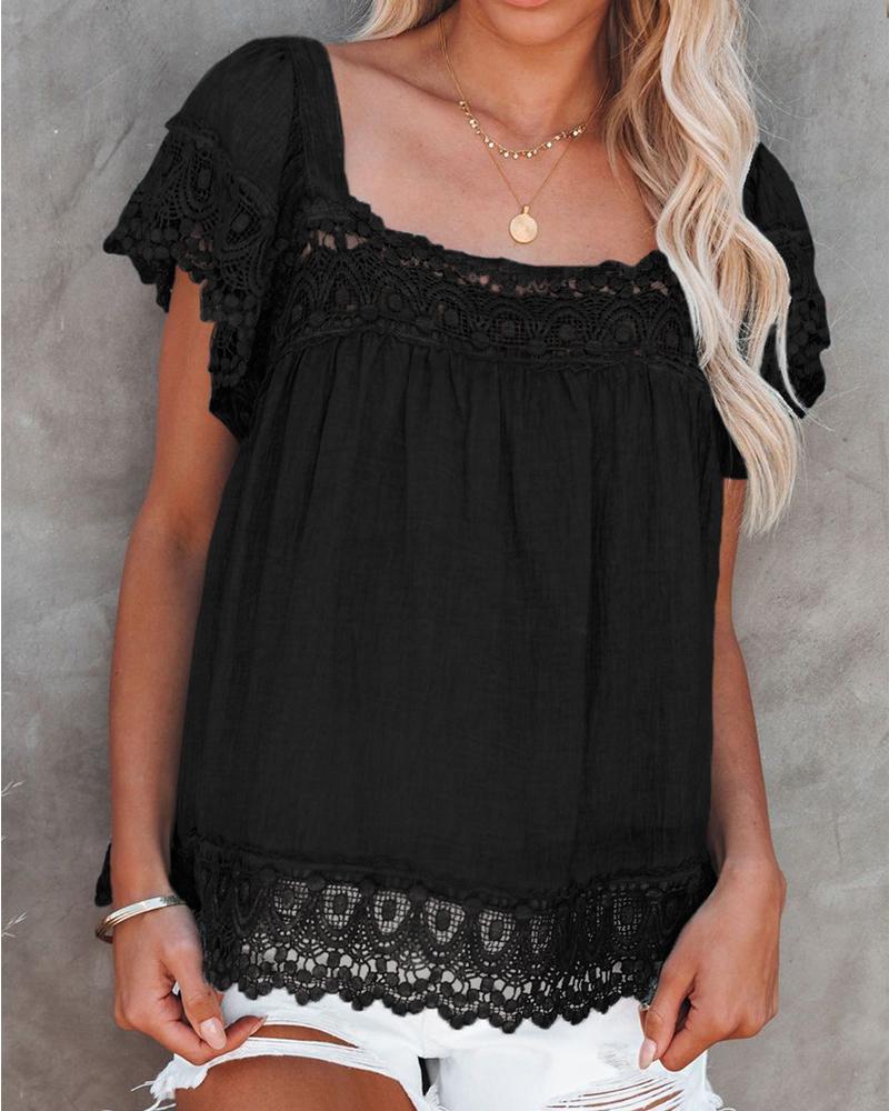 

Contrast Lace Puff Sleeve Flowy Top, Black
