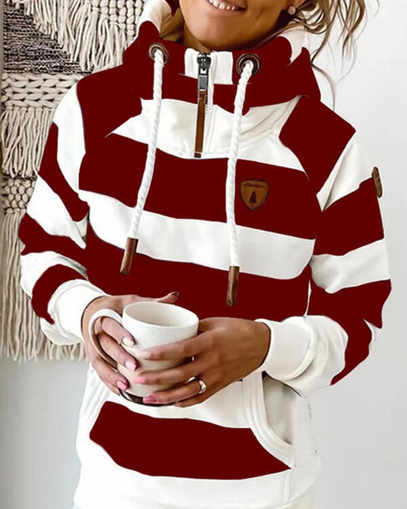 

Long Sleeve Striped Zipper Detail Grommet Eyelet Drawstring Hoodie Pocket Design Casual Top, Red