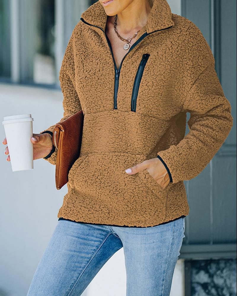 

Pocket Zipper Design High Neck Fluffy Sweatshirt, Khaki