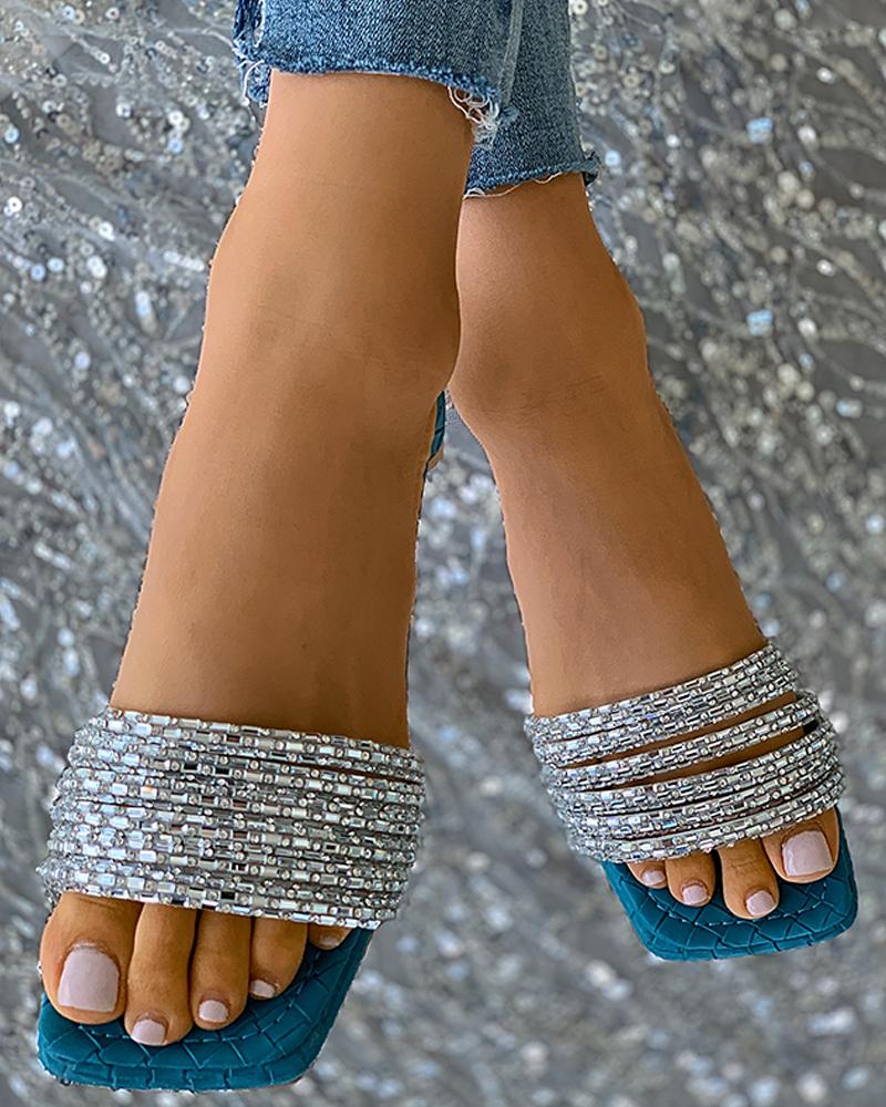 

Braided Square Toe Rhinestone Strap Slippers, Blue