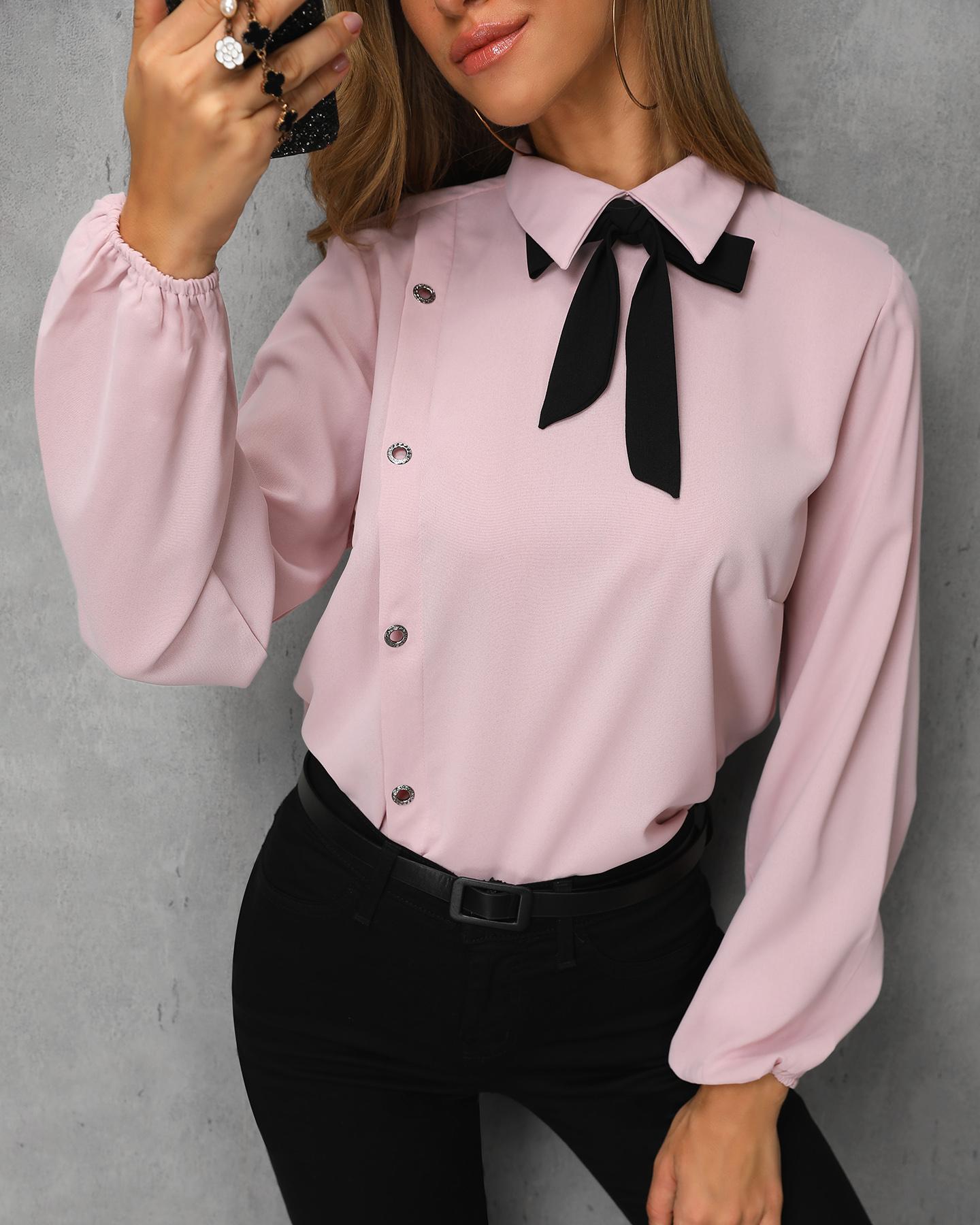 

Contrast Tied Neck Buttoned Casual Shirt, Pink