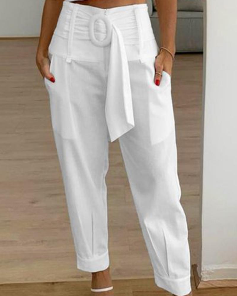 

High Waist Belted Pocket Design Pants, White