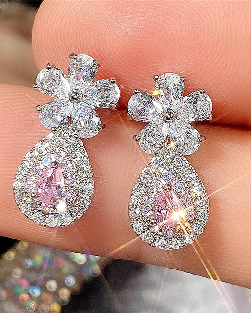 

1Pair Floral Waterdrop Shaped Rhinestone Decor Earrings, Pink