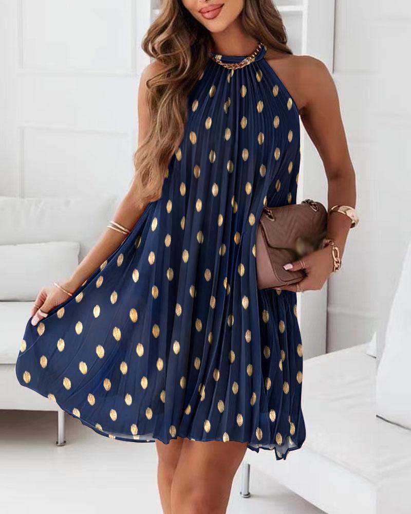 

Metallic Polka Dot Sleeveless Pleated Dress, Purplish blue