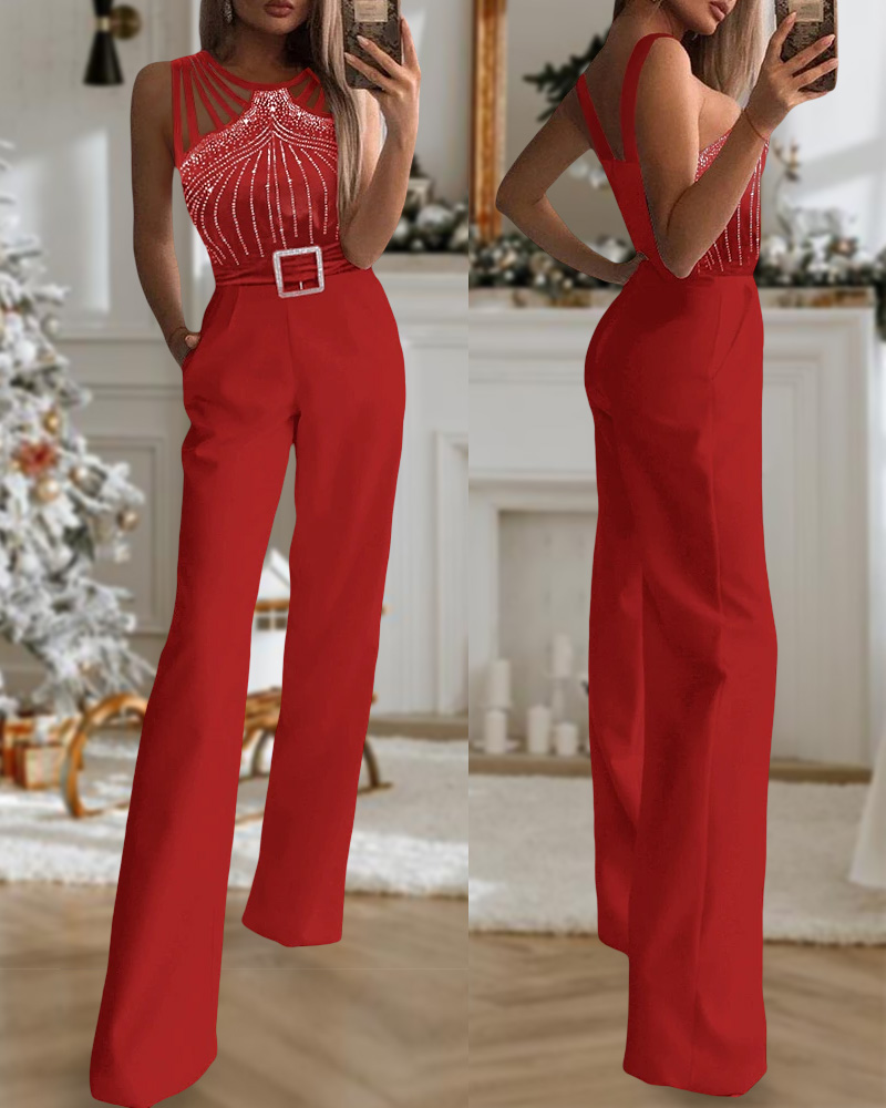 

Multi Strap Sleeveless Rhinestone Bootcut Jumpsuit, Red