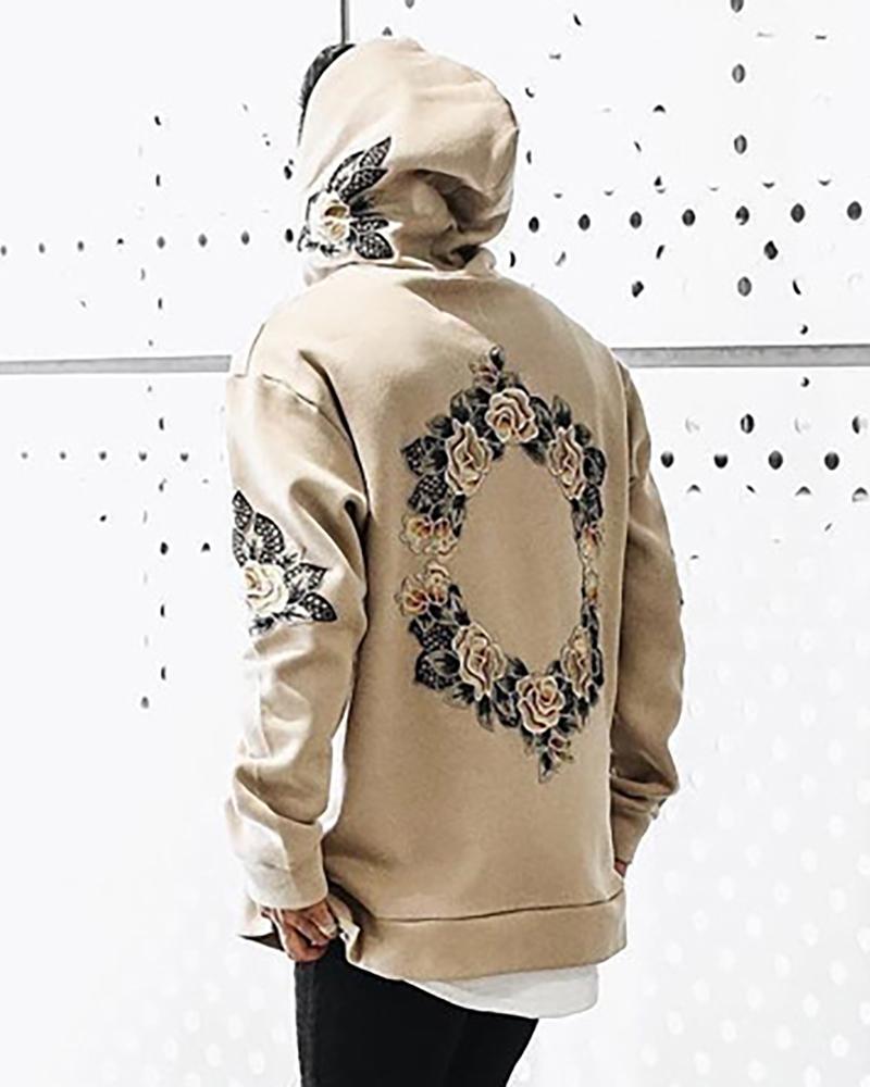 

Men Floral Embroidery Long Sleeve Hooded Sweatshirt, Khaki
