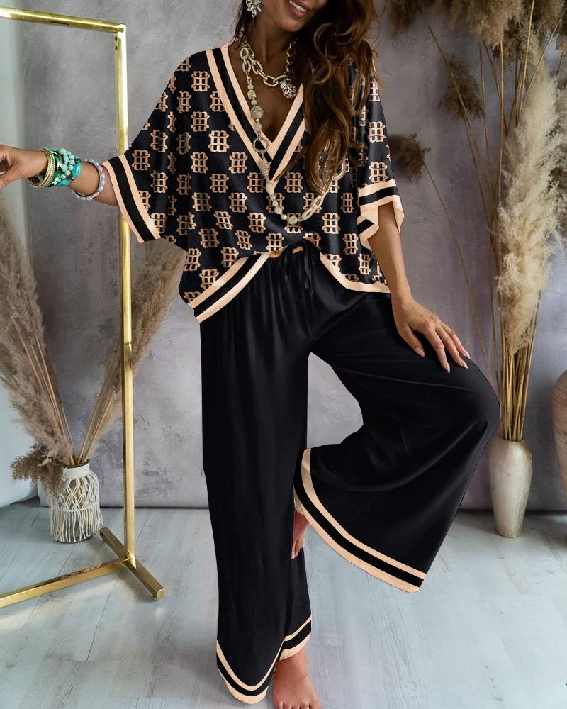 

ChicMe Letter Print Batwing Sleeve Casual Top & Pants Set, Black