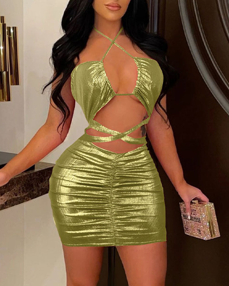 

Criss Cross Cutout Ruched Metallic Bodycon Dress, Gold