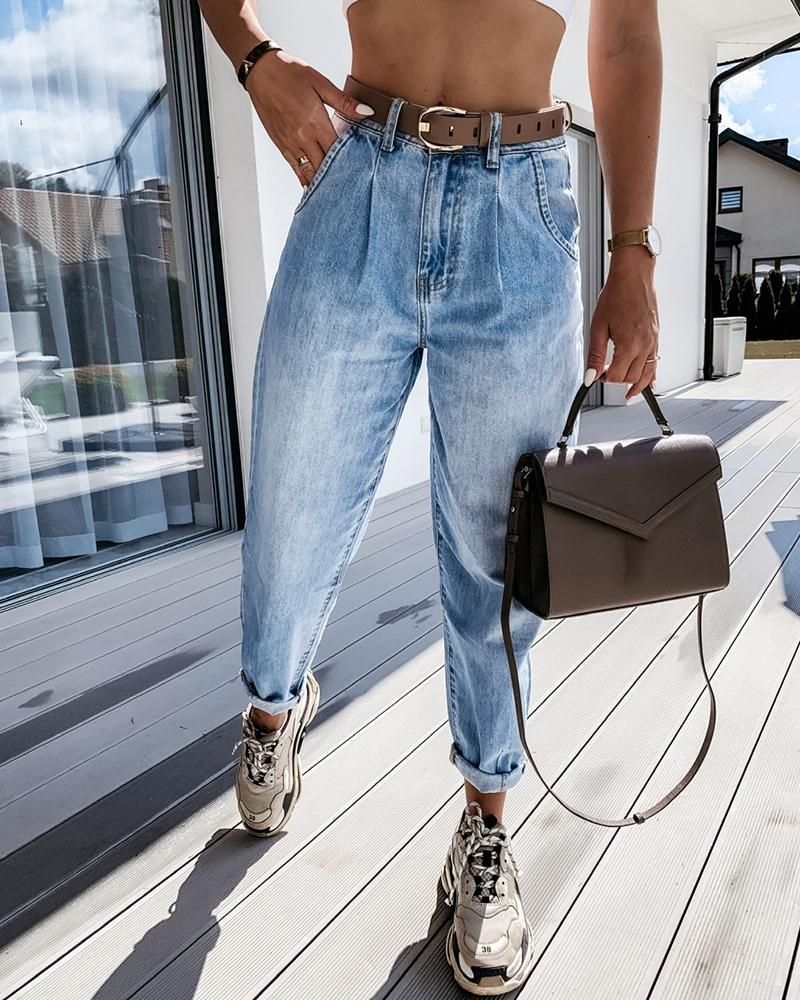 

Pocket Design Plain Denim Pants, Blue