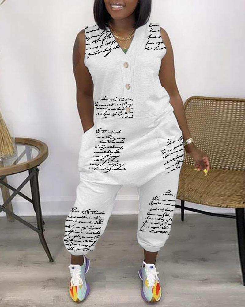 

Letter Print Buttoned Pocket Design Jumpsuit, White